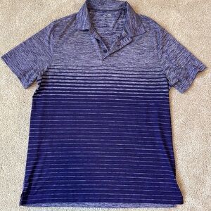 Men’s short sleeve active wear polo. Champion. Purple stripe. Large